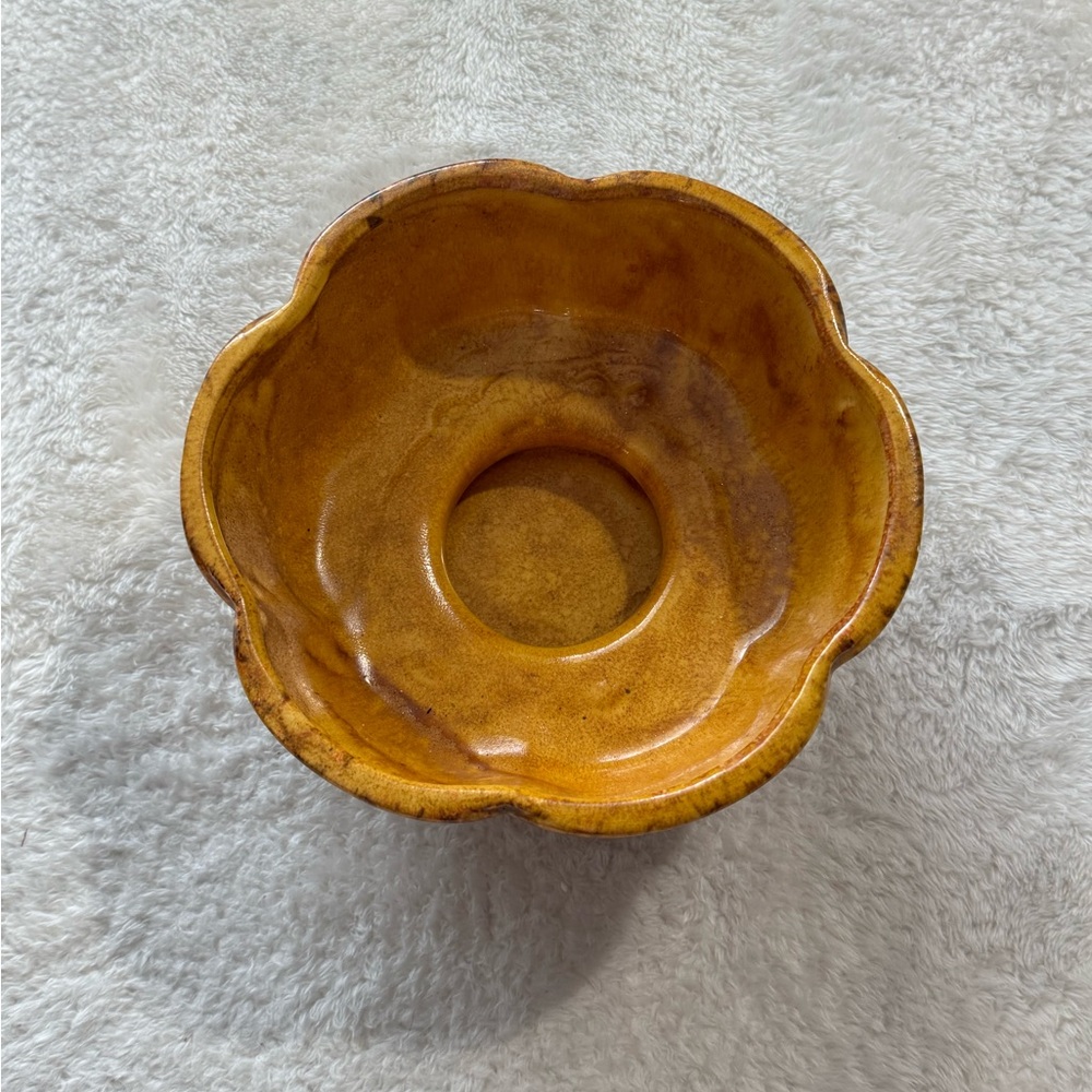 VTG Haeger Pottery Scalloped Planter Mustard Yellow Splattered Brown Signed